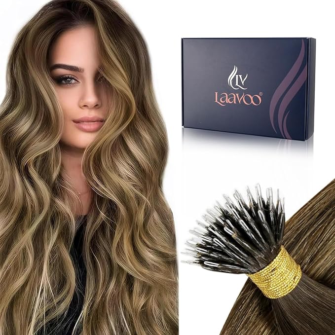 LaaVoo Nano Bead Hair Extensions Human Hair Nano Extensions Balayage Dark Brown to Caramel Brown Nano Hair Extensions Human Hair Ombre Brown Cold Fusion 50s 50g 20 Inch