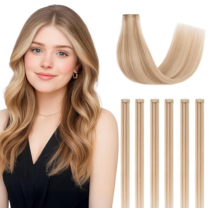 Clip in Hair Extensions Real Human Hair for Women, 14 Inch 36g 6pcs, Golden Brown Mix Bleach Blonde, Straight - Highlight, Add Volume and Length for Daily Wear, Parties, Weddings