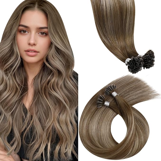 LaaVoo K Tip Hair Extensions Real Human Hair U Tip Hair Extensions Light Brown Mix Dark Golden Blonde Ktip Human Hair Extension Ombre Brown Hot Fusion Blonde 16 inch 50g/50s