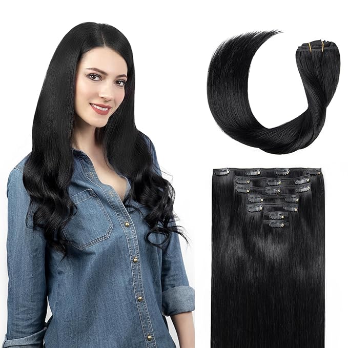 Clip in Hair Extensions Real Human Hair, Jet Black 100% Human Hair Extensions Clip in, Tangle-free Silky Straight Hair Extensions for Women, #1 20Inch 120G 7PCS