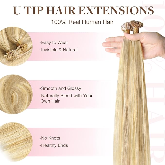 GOO GOO U Tip Hair Extensions - Real Human Hair, 16inch 50g 50S, Hot Fusion, Invisible Remy, 18D/22F Dirty Blonde Highlights