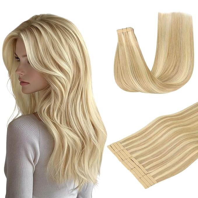 DOORES Hair Extensions Human Hair, Drity Blonde Highlight Golden Blonde 20pcs 40g 12 Inch, Human Hair Extensions Tape in Straight Hair Real Human Hair