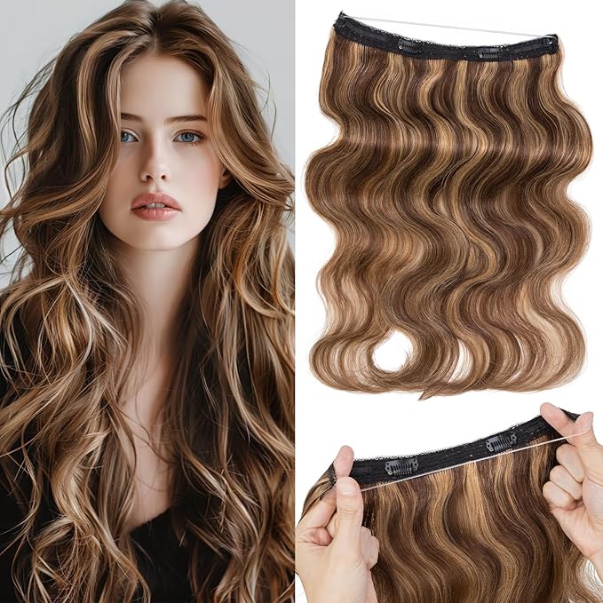 Halo Hair Extensions Real Human Hair,Halo Hair Extension 100% Human Hair,Wire Hair Extensions,Wavy 4P27 Medium Brown Mixed Dark Blonde 65g/18inch