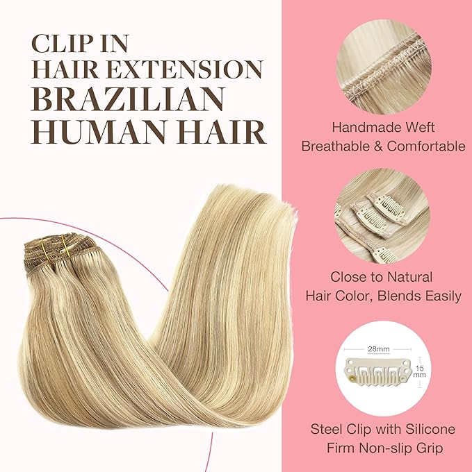 GOO GOO Clip in Hair Extensions Real Human Hair, Remy Human Hair Extensions Clip ins for Women, Natural Human Hair, 20inch 160g 7Pcs, #18A/613A Dark Blonde Highlighted Bleach Blonde
