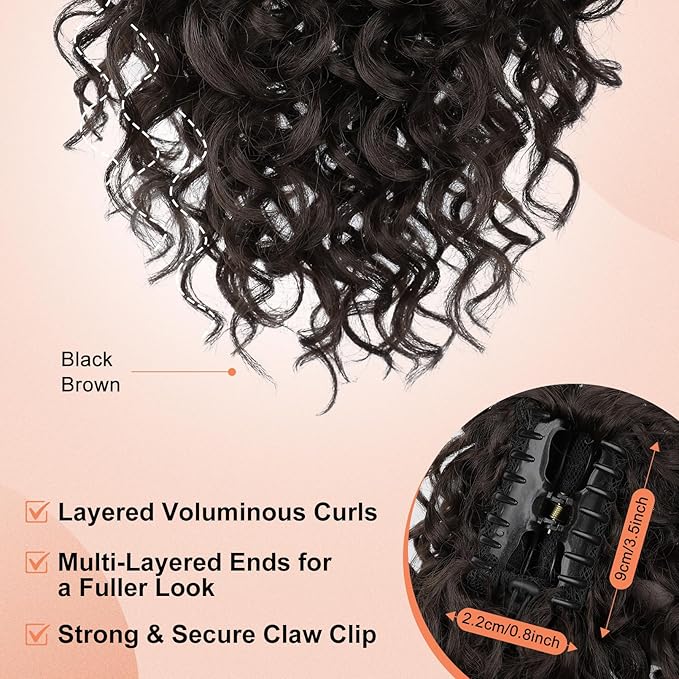 SEIKEA Ponytail Extension, 18" Claw Clip Ponytail Extension Wavy Curly Jaw Clip in Ponytail Hair Extensions Fluffy Natural Soft Fake Pony Tails Synthetic Hairpiece Black Brown