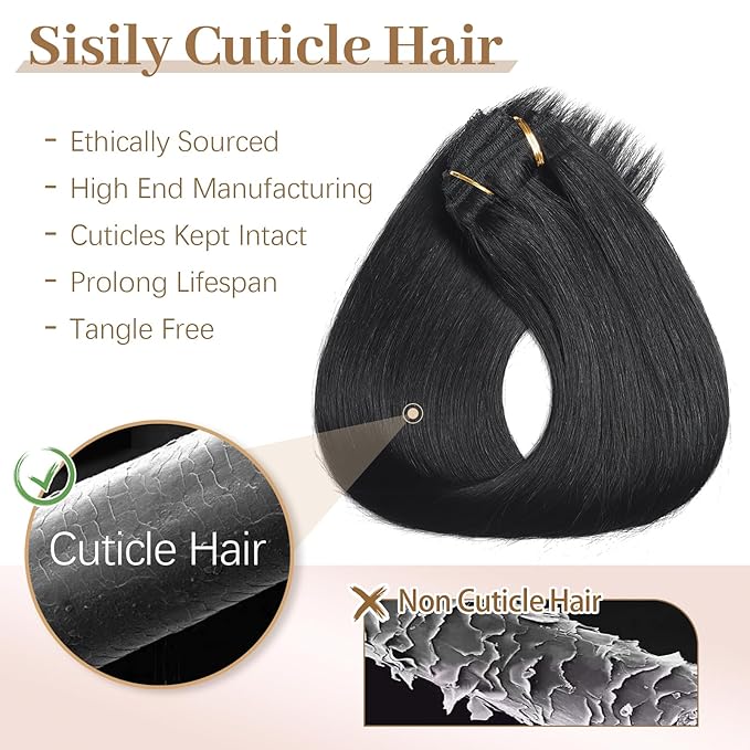 Sisily Clip in Hair Extensions Real Human Hair, 22 inch 120g, Jet Black, 100% Brazilian Remy Human Hair Clip in Extensions Soft Straight 7pcs Per Set with 16 Clips Double Weft
