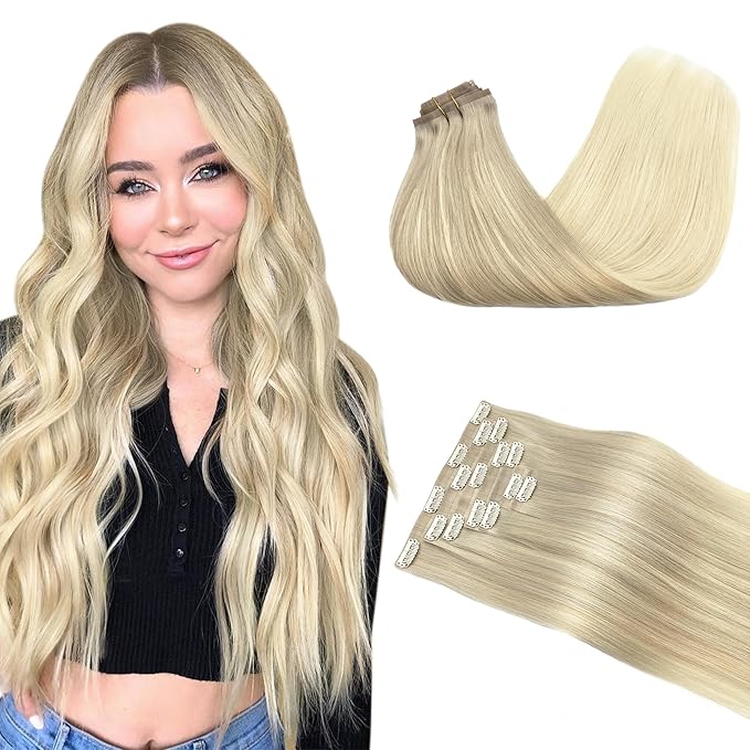 GOO GOO Clip in Hair Extensions Real Human Hair, Remy Human Hair Extensions Clip ins for Women, Natural Human Hair, 14inch 130g 9Pcs, 17/22/60 Balayage Ash Blonde to Golden Blonde and Platinum Blonde