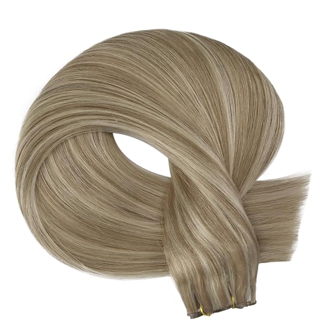 Fshine Genius Weft Hair Extensions Real Human Hair 14 Inch Light Brown with Platinum Blonde Clip in Hair Extensions Highlighted Clip in Extensions Human Hair 120 Gram 7pcs