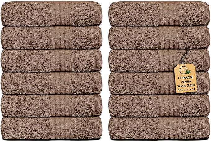 Premium Wash Cloths Pack of 12 (13" x 13") 100% Ring Spun Cotton | Luxury Washcloths | Ultra Soft Face Towels | Highly Absorbent Wash Cloths for face (Taupe)