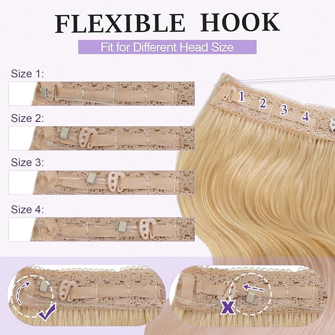 Halo Hair Extensions Real Human Hair,Halo Hair Extension 100% Human Hair,Wire Hair Extensions,Wavy 613 Bleach Blonde 20inch/70g