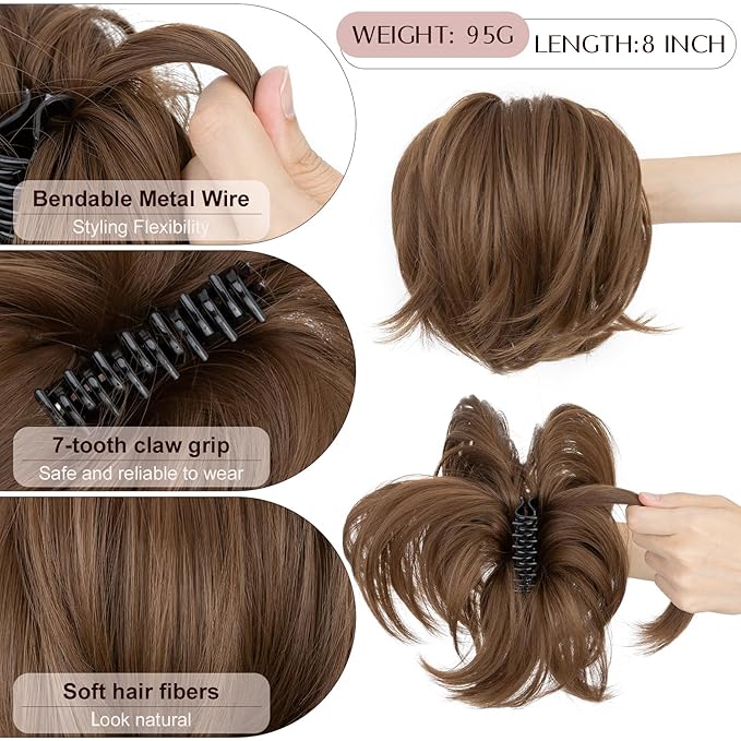 Claw Clip Short Ponytail Hair Extensions Messy Bun Hair Piece Pony Tails Hair Extensions with Bendable Metal Wire Hair Pieces DIY Style 8 Inch 10 Ash Brown