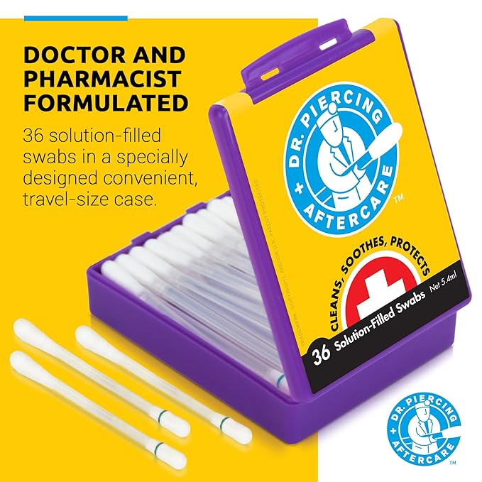 Dr. Piercing Aftercare Swabs – Piercing Bump Saline Solution for Cleansing Earring, Nose, Belly, and Ear Piercings – Gentle Saline Wash for a Refreshing Experience – 72 Easy-to-Use Swabs (2-Pack)