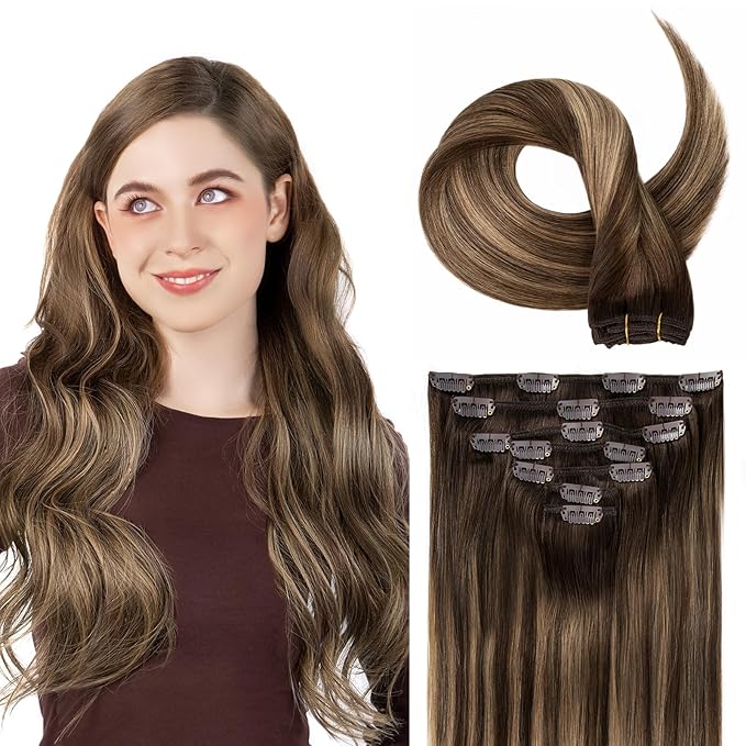 Clip in Hair Extensions Real Human Hair, Invisible Clip In Hair Extensions 100% Human Hair, Balayage Chocolate Brown to Caramel Blonde #4TP27/4 22Inch 120G 7PCS