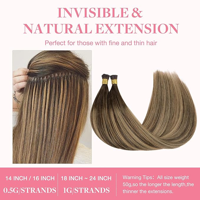 GOO GOO I Tip Hair Extensions Real Human Hair, 14inch 50g 100S, Invisible Remy Cold Fusion I Tip Hair Extensions, 4/27/4 Balayage Chocolate Brown to Caramel Blonde