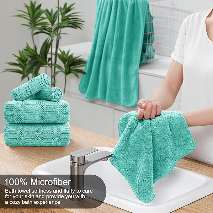 8 Piece Bath Towel Set-2 Oversized Bath Sheets(35"x70"),2 Hand Towels,4 Washcloths-Extra Large Microfiber Towel Sets,Less Lint Highly Absorbent & Quick Dry Bath Towels for Bathroom Gym Pool,Teal Blue