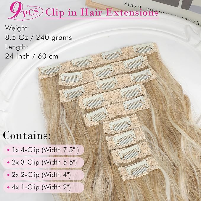 REECHO Hair Extensions, 9PCS Blonde Clip in Hair Extensions 24" Thick Long Mini Mermaid Wave Luxurious Lightweight Japanese Technology HYOUITSU Fiber - HE009 Medium Blonde with Highlights