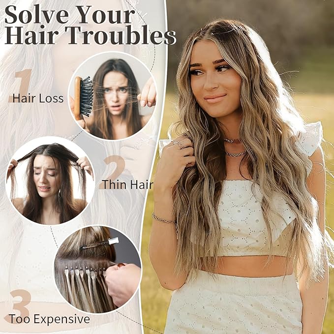 KooKaStyle Invisible Wire Hair Extensions with Transparent Headband Adjustable Size 4 Secure Clips Long Wavy Secret Wire Hairpiece 24 Inch for Women(Medium Brown with Blonde)626D#