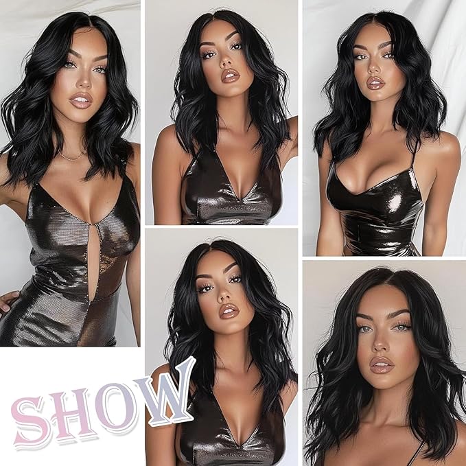 Medium Length Black Wavy Wigs for Women 18 Inch Middle Part Wavy 1B Wig Natural Looking Synthetic Heat Resistant Fiber Wig for Daily Party Halloween (18 inch)