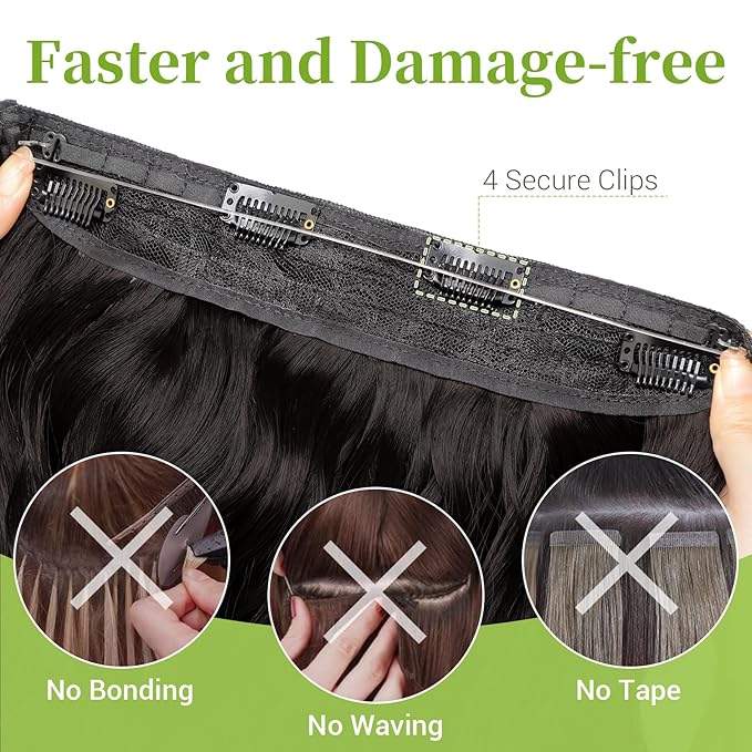 KooKaStyle Invisible Wire Hair Extensions with Transparent Wire Adjustable Size 4 Secure Clips Long Wavy Secret Synthetic Hairpiece 20 Inch 120g Rich Dark Brown with Warm Tones for Women