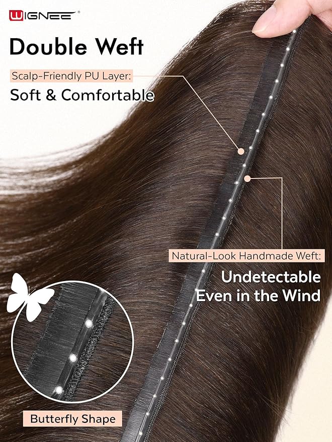 WIGNEE Double Invisible PU OVO Human Hair Extensions 100% Remy Hair Weft Brown Hair Extensions Human Hair 2 PCS 16 Inch No Glue Genius Micro Bead Real Human Hair Extensions (2)