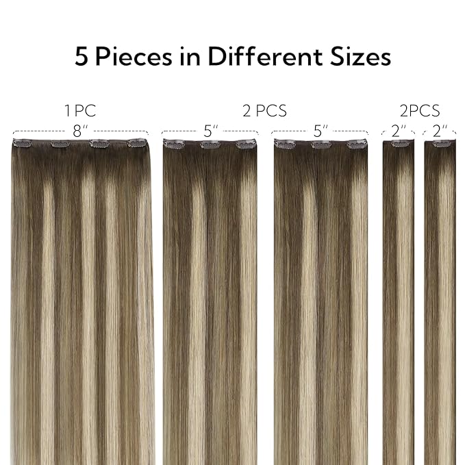 HOTBANANA Real Human Hair Clip in Hair Extensions, 5Pcs 60g 14 Inch Ombre Walnut Brown to Ash Brown and Bleach Blonde Straight Remy Clip in Extensions