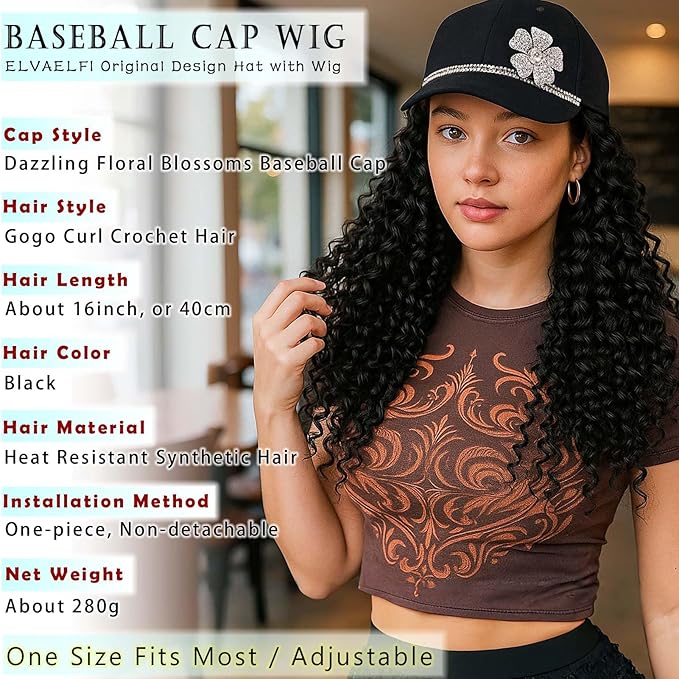 Hat Wig 16-Inch Gogo Curl Crochet Hair Extensions, Black Deep Wave Afro Curly Wigs for Black Women