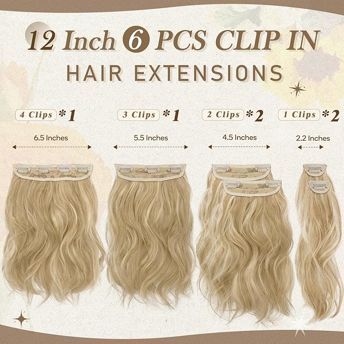 BARSDAR Blonde Clip in Hair Extensions - 12 Inch Short Wavy Clip in Hair Extensions for Women - 6PCs Thick Soft Synthetic Clip in Hairpieces Daily Party Halloween - Light Ash Blonde Mix