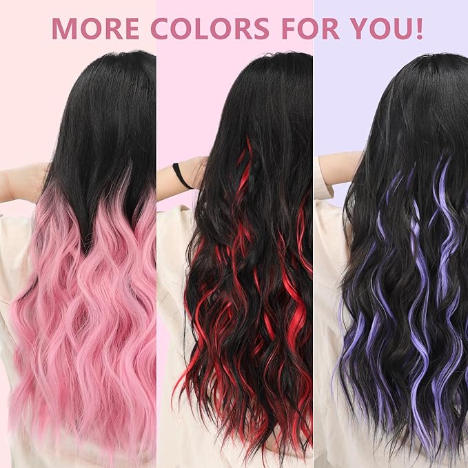 ALXNAN Clip in Long Wavy Synthetic Hair Extension 24 Inch Blonde Pink 4PCS Thick Hairpieces Fiber Double Weft Hair for Women