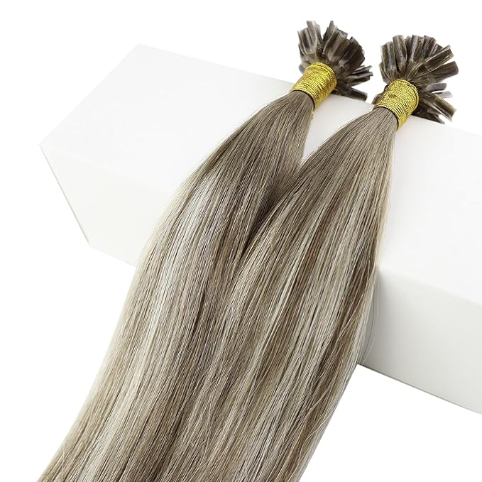 Fshine K Tips Hair Extensions Human Hair 18 Inch U Shape Keratin Tips Remy Brazilian Hair Chestnut Brown to Platinum Blonde Fusion Extensions 1g/Strand 50g/Pack