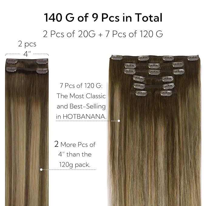 HOTBANANA Clip in Hair Extensions Real Human Hair, 135g 9pcs 14 inch Balayage Chocolate Brown to Caramel Blonde Straight Remy Clip in Extensions Full Head for Women
