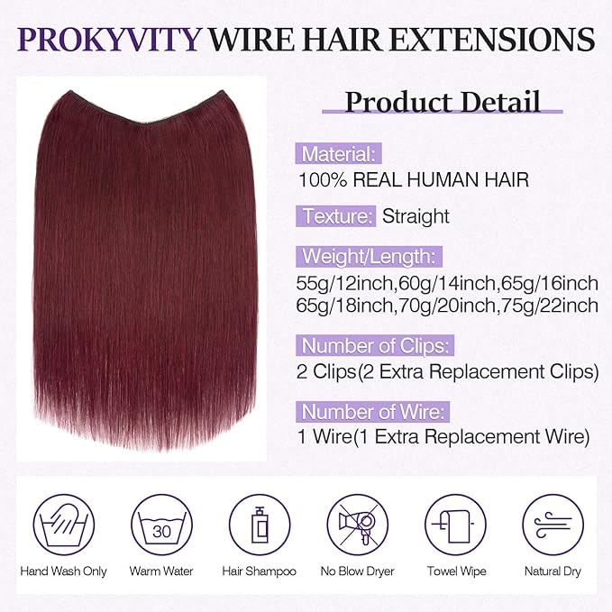 Halo Hair Extensions Real Human Hair,Halo Hair Extension 100% Human Hair, Wire Hair Extensions,Straight 99J Burgundy Wine Red 12inch/55g