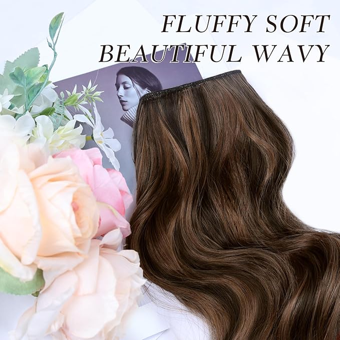 NAYOO Clip in Hair Extensions for Women 14 Inch Short Wavy Curly Dark Brown Mix Chestnut Hairpieces Full Head Synthetic Hair Hairpieces (6PCS, Dark Brown Mix Chestnut)