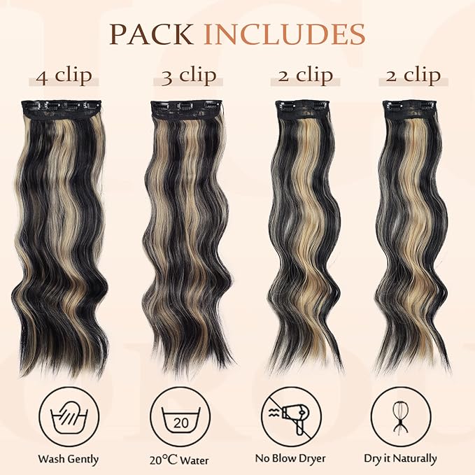 Vigorous Wavy Hair Extension for Women 4Pcs Black Mix Blonde Long Clip in Hair Extensions Soft Synthetic Hairpieces (24 inches, Black Mix Blonde)