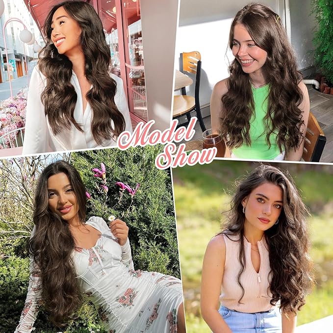 ALXNAN Clip in Hair Extensions for Women,Chocolate Brown with Dark Brown Long Wavy Hair Extensions Clip Ins 4PCS 24 Inch Synthetic Soft and Natural Thick Hair Pieces for Women
