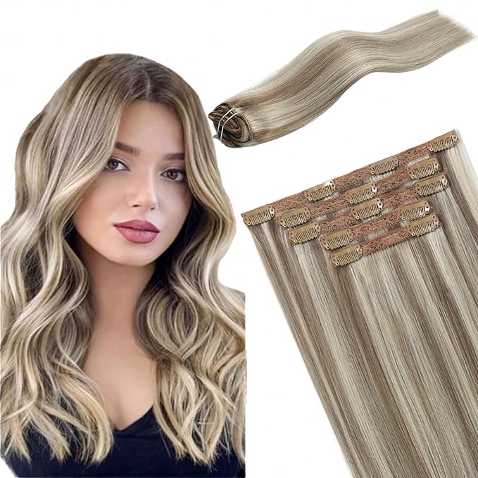 Clip in Human Hair Extensions 5 Pcs Remy Highlights Hair Extensions Clip ins Ash Brown Highlights Platinum Blonde Real Hair Extensions 12 Inch 80g Clip on Hair Extensions