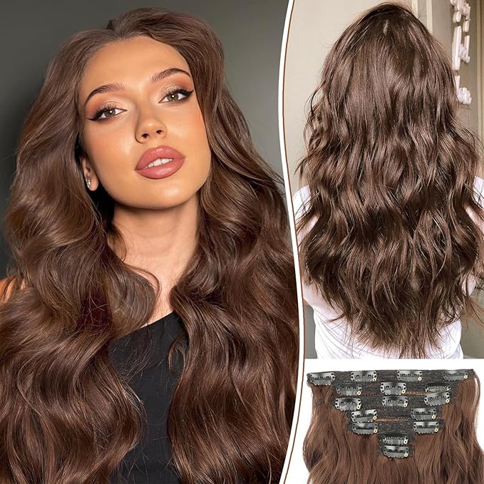 KooKaStyle Hair Extensions, 7PCS Clip in Hair Extension, 20 Inch Chestnut Brown Long Wavy Natural Soft Thick Hairpieces for Women…