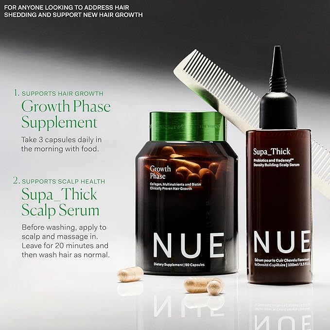 The Nue Co. Growth Phase Hair Supplement - Vegan Hair Capsules with Vitamins, Adaptogen, Reishi Mushroom & Protein for Thicker Fuller Looking Hair - Supports Strength & Reduces Breakage | 90 Capsules