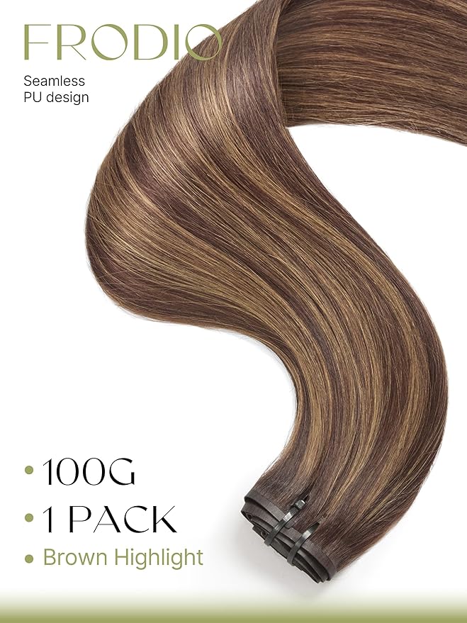 Frodio Clip Ins Hair Extensions Black: Remy Real Human Hair Pu Seamless Silk Long Straight Invisible Full Thick Virgin Brazilian Brown Highlight Color Beauty For Women Can Be Body Wave 100g 7 Piece