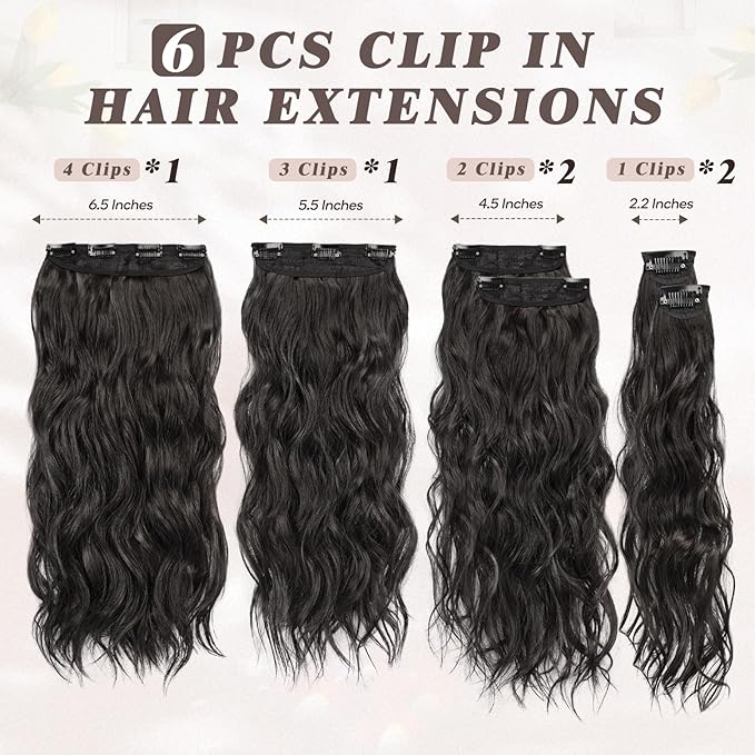 BARSDAR Beach Wavy Black Brown Clip in Hair Extensions – 20 Inch 6 PCS Black Brown Wavy Clip in Hair Extensions for Women - Thick Soft Synthetic Full Head Long Voluminous Easy Wear Clip Hairpieces