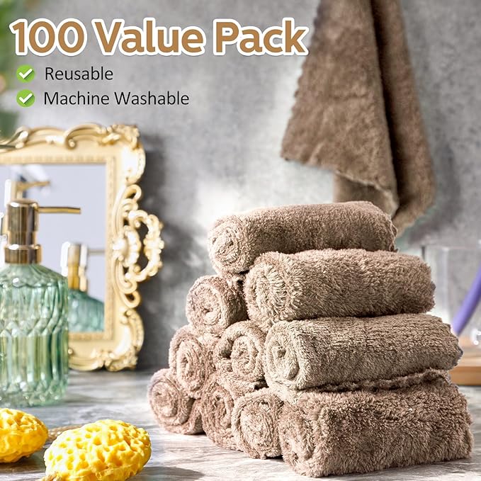 Newwiee 100 Pcs Washcloths Quick Drying Bathroom Wash Clothes 12 x 12 Inch Face Towels Microfiber Soft Wash Rags Bulk for Your Face and Body Facial Towels for Spa Fingertip Towel(Brown)