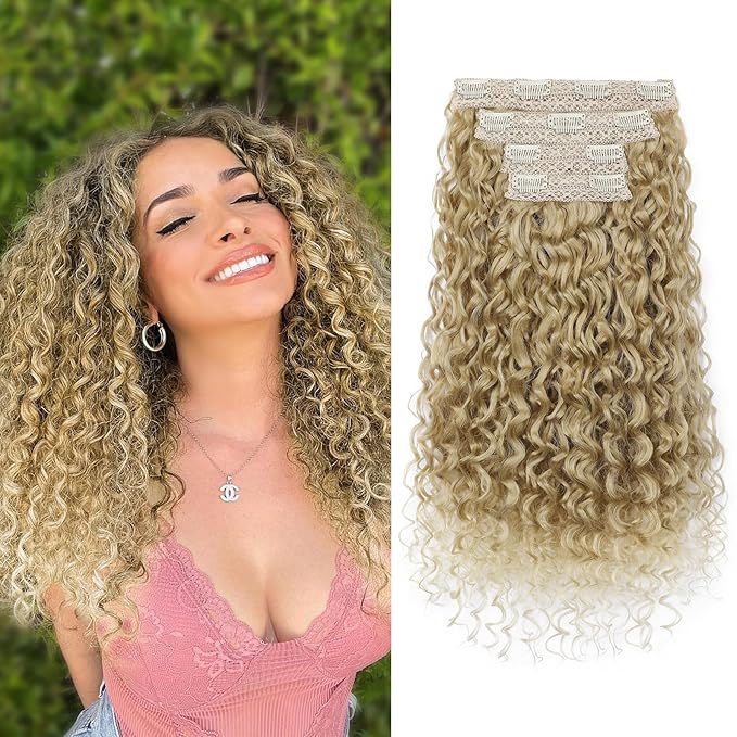 Clip in Hair Extensions, FLUFYMOOZ 4PC 100％ Pure Protein Silk Hair Extensions Long Soft Natural Hairpiece 20 Inch Curly Hair Extension for Women (Medium Blonde to Light Blonde)