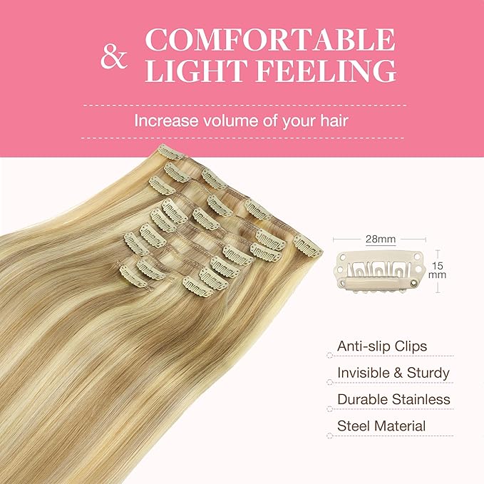 GOO GOO Clip in Hair Extensions Real Human Hair, Remy Human Hair Extensions Clip ins for Women, Natural Human Hair, 14inch 150g 9Pcs, 18D/22F Dirty Blonde Highlights