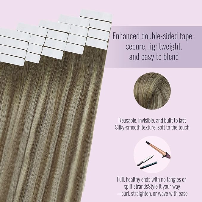 Fshine Hair Extensions Tape in Human Hair 20 Inch Walnut Brown to Ash Brown and Golden Blonde Extensions Long Straight Tape in Extensions Balayage 20 pcs 50 g