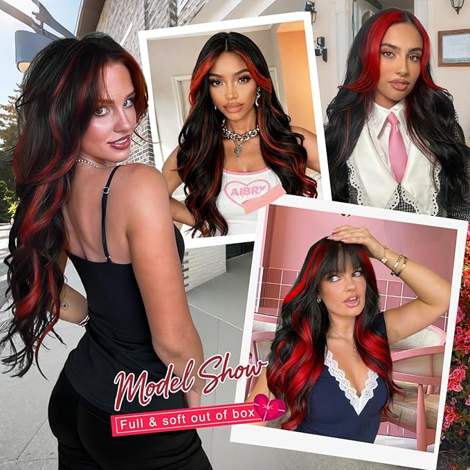 ALXNAN Long Wavy Hair Extensions for Women, Clip in Hair Extensions Clip Ins Soft Full Head Synthetic Hairpieces 20 Inch Black Hair with Red Highlights