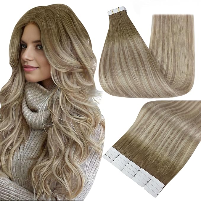 Full Shine Tape in Hair Extensions Color 8/60/18 Brown and Blonde Balayage Natural Double Sided Remy Tape Ins Human Hair Extensions 22 Inch Invisible Seamless Straight Hair 20PCS 50grams for Women