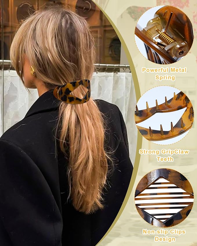 6 PCS French Flat Hair Clips for Women 2 Styles Large Matte Flat Claw Clips Strong Hold No-Slip French Hair Barrettes for Thick Thin Hair(Leopard 2 + Brown 2)
