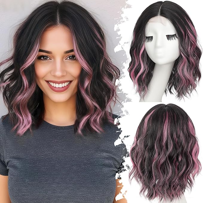 Black Mix Pink Short Wavy Wig for Women Lace Hairline Bob Style Synthetic Heat Resistant - Natural Appearance for Everyday Hairstyle 14 Inch