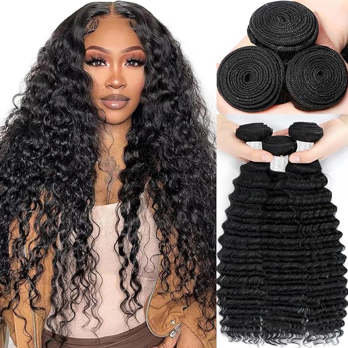 12A Human Hair Bundles 20 22 24 Inch Deep Wave Bundles Human Hair 100% Unprocessed Brazilian Virgin Curly Weave 3 Bundle Water Wavy Hair Extensions for Women Natural Black