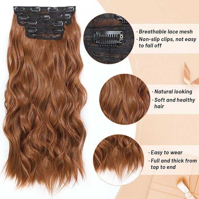 20 Inch Clip in Hair Extensions for Women, Synthetic 4pc Hair Extensions Clip in Hair Long Curly Wavy Hair Extension, Double Weft Hairpieces Full Head for Women (20INCH, 30c)