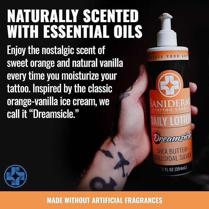 Saniderm Daily Tattoo Lotion (12 oz) – Premium, Organic Long-term Skin Care and Tattoo Aftercare for Vibrant Tattoos – Moisturizing Lotion for Tattooed Skin
